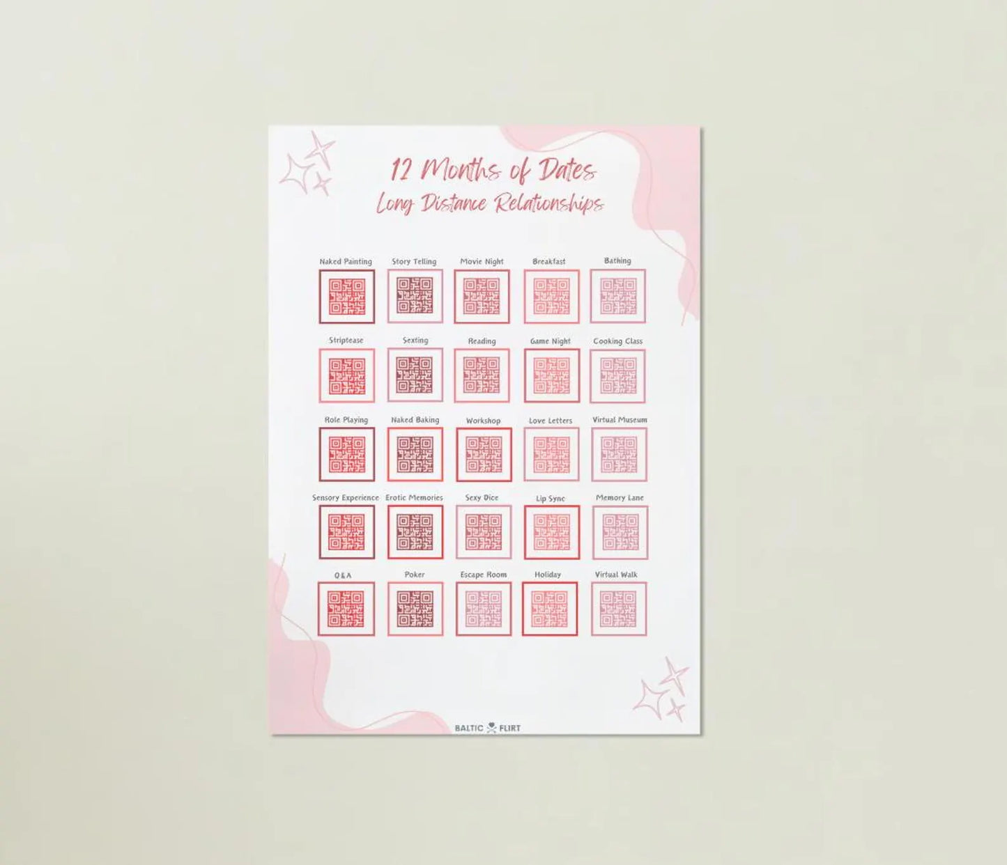 "12 Months of Dates - Long Distance Relationships" Printable Download Couples' Date Night Ideas